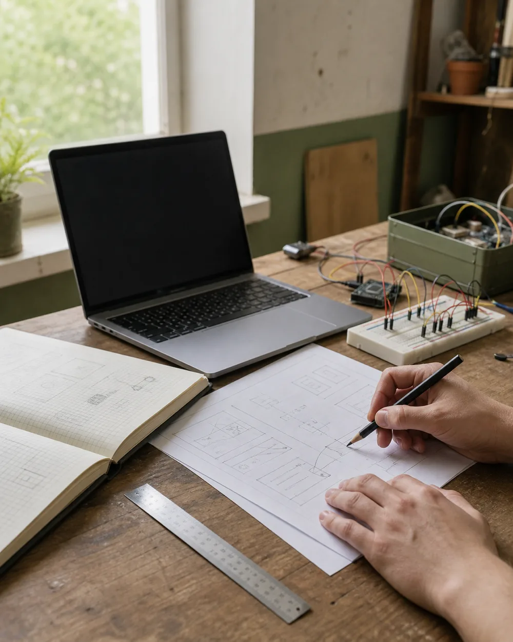 A wooden workbench in natural light holding pencil wireframe sketches on paper, an open notebook, a laptop with a blank screen and a breadboard rig wired with jumper leads, with two hands annotating a sketch.