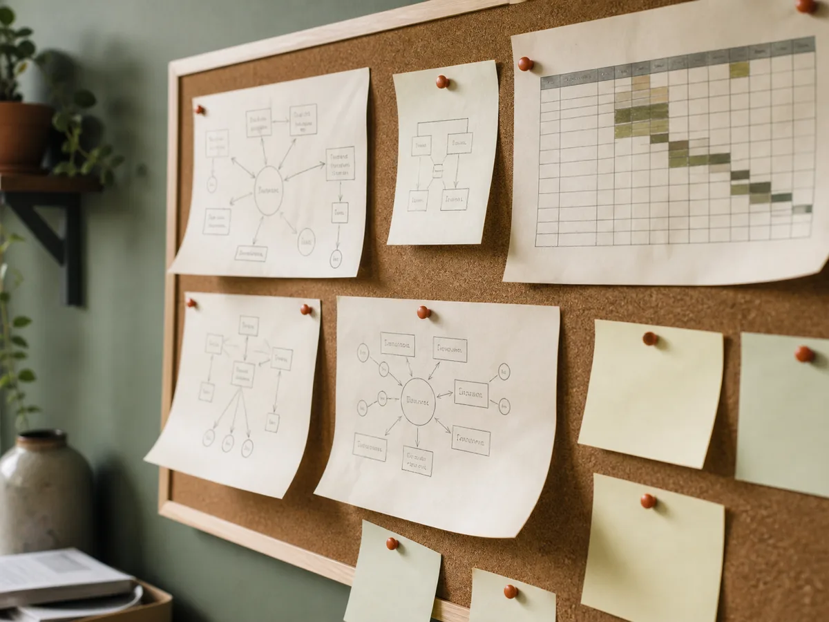 A cork pinboard on a sage green wall holding hand-drawn paper flow diagrams, a printed grid chart and blank sticky notes, lit from the side.