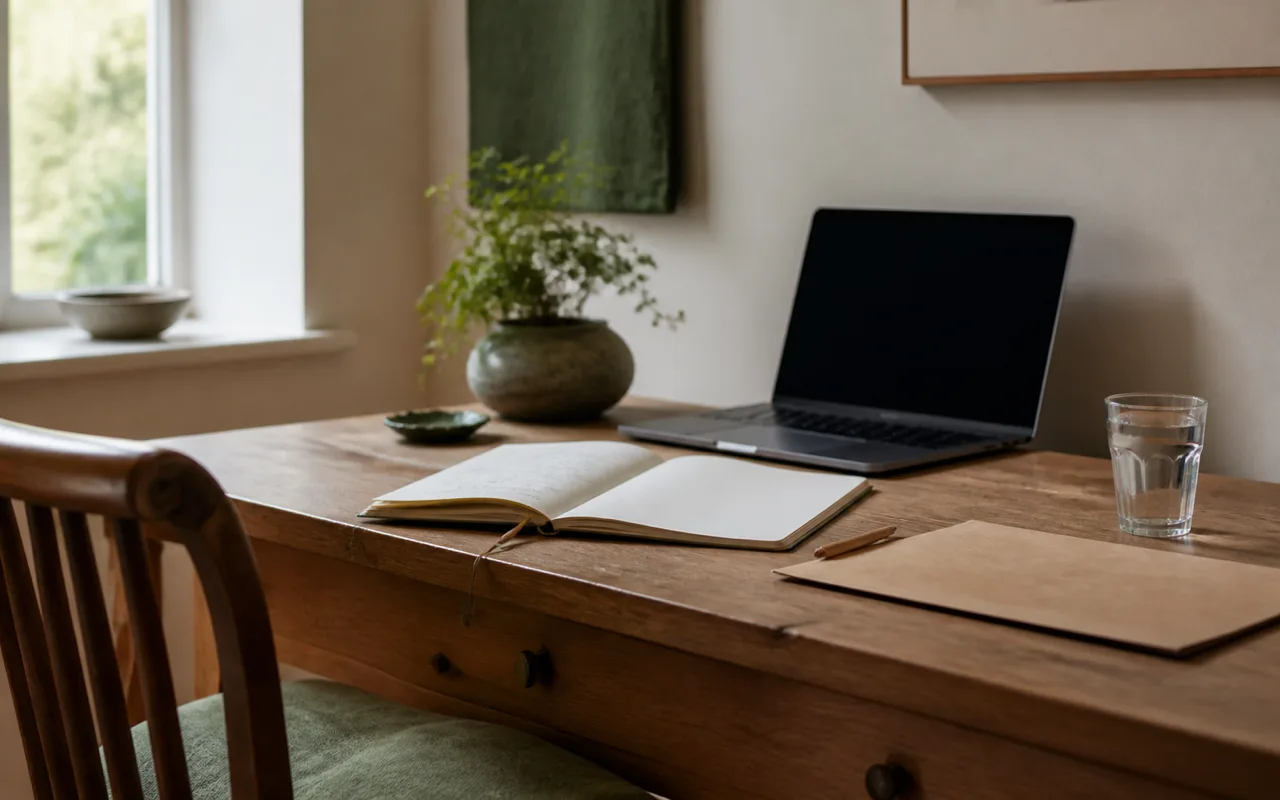 A quiet one-person working desk beside a window: an open notebook, a laptop with a blank screen, a small potted plant, a paper folder and a wooden chair.